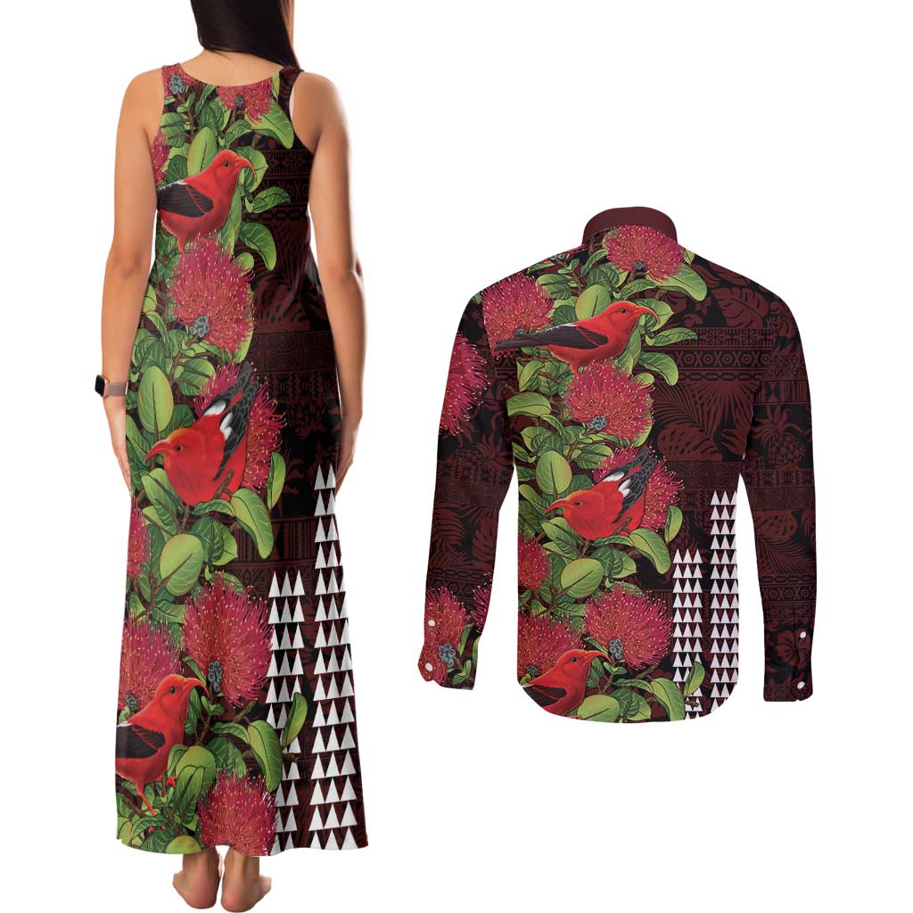 Hawaii Mele Kalikimaka Kakau Couples Matching Tank Maxi Dress and Long Sleeve Button Shirt I'iwi Bird on Ohia Lehua LT7 - Polynesian Pride