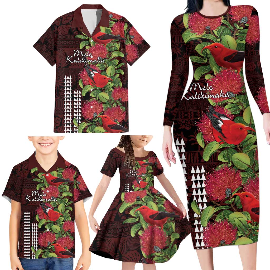 Hawaii Mele Kalikimaka Kakau Family Matching Long Sleeve Bodycon Dress and Hawaiian Shirt I'iwi Bird on Ohia Lehua LT7 - Polynesian Pride