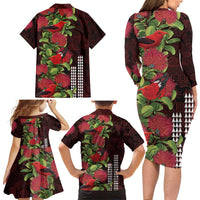 Hawaii Mele Kalikimaka Kakau Family Matching Long Sleeve Bodycon Dress and Hawaiian Shirt I'iwi Bird on Ohia Lehua LT7 - Polynesian Pride