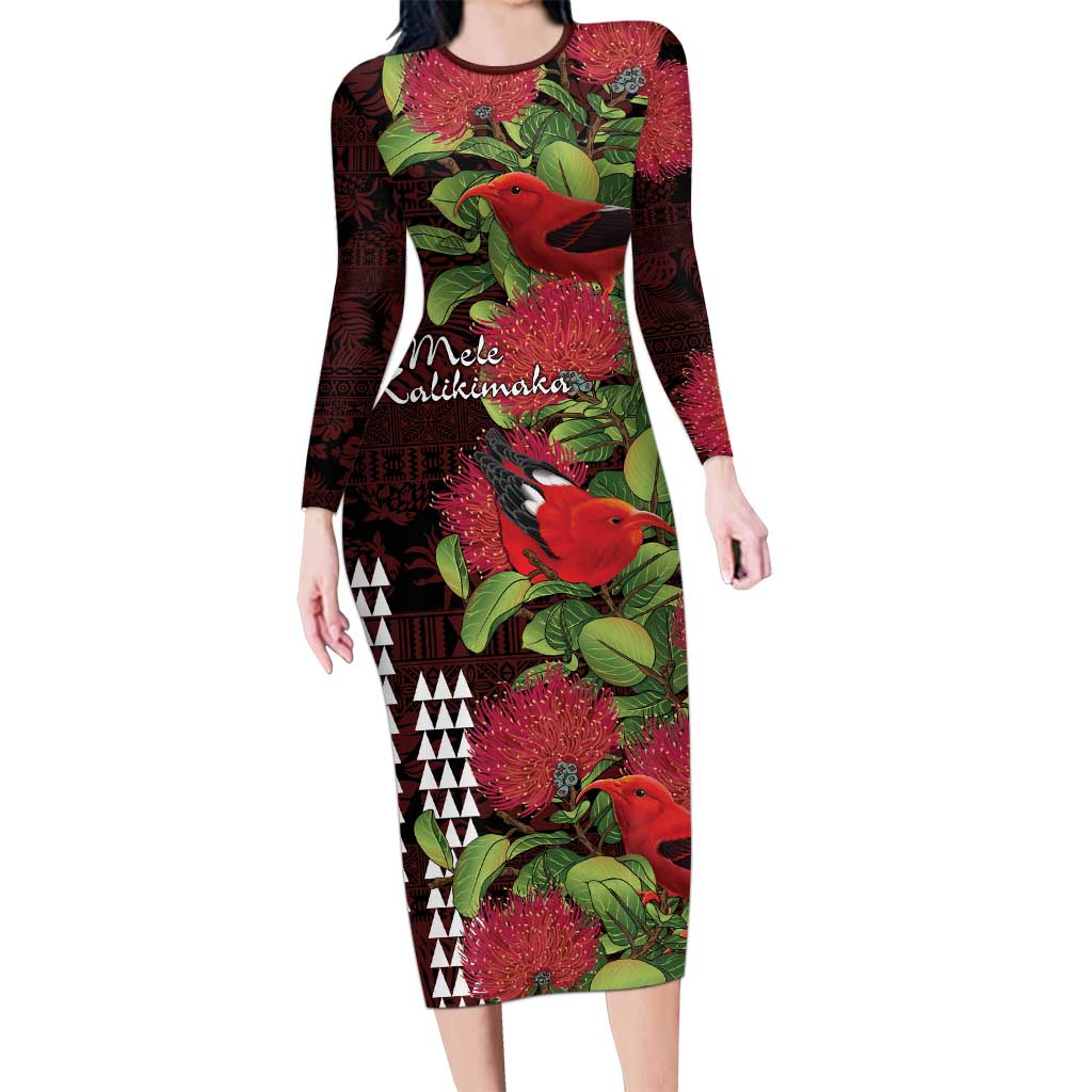 Hawaii Mele Kalikimaka Kakau Family Matching Long Sleeve Bodycon Dress and Hawaiian Shirt I'iwi Bird on Ohia Lehua LT7 Mom's Dress Black Red - Polynesian Pride