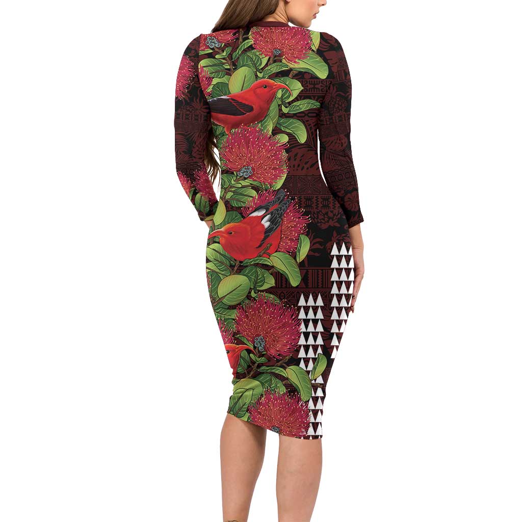 Hawaii Mele Kalikimaka Kakau Family Matching Long Sleeve Bodycon Dress and Hawaiian Shirt I'iwi Bird on Ohia Lehua LT7 - Polynesian Pride
