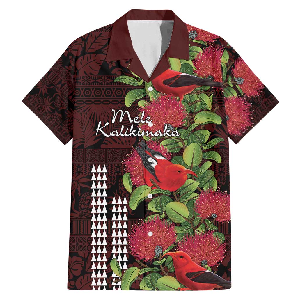 Hawaii Mele Kalikimaka Kakau Family Matching Mermaid Dress and Hawaiian Shirt I'iwi Bird on Ohia Lehua LT7 Dad's Shirt - Short Sleeve Black Red - Polynesian Pride