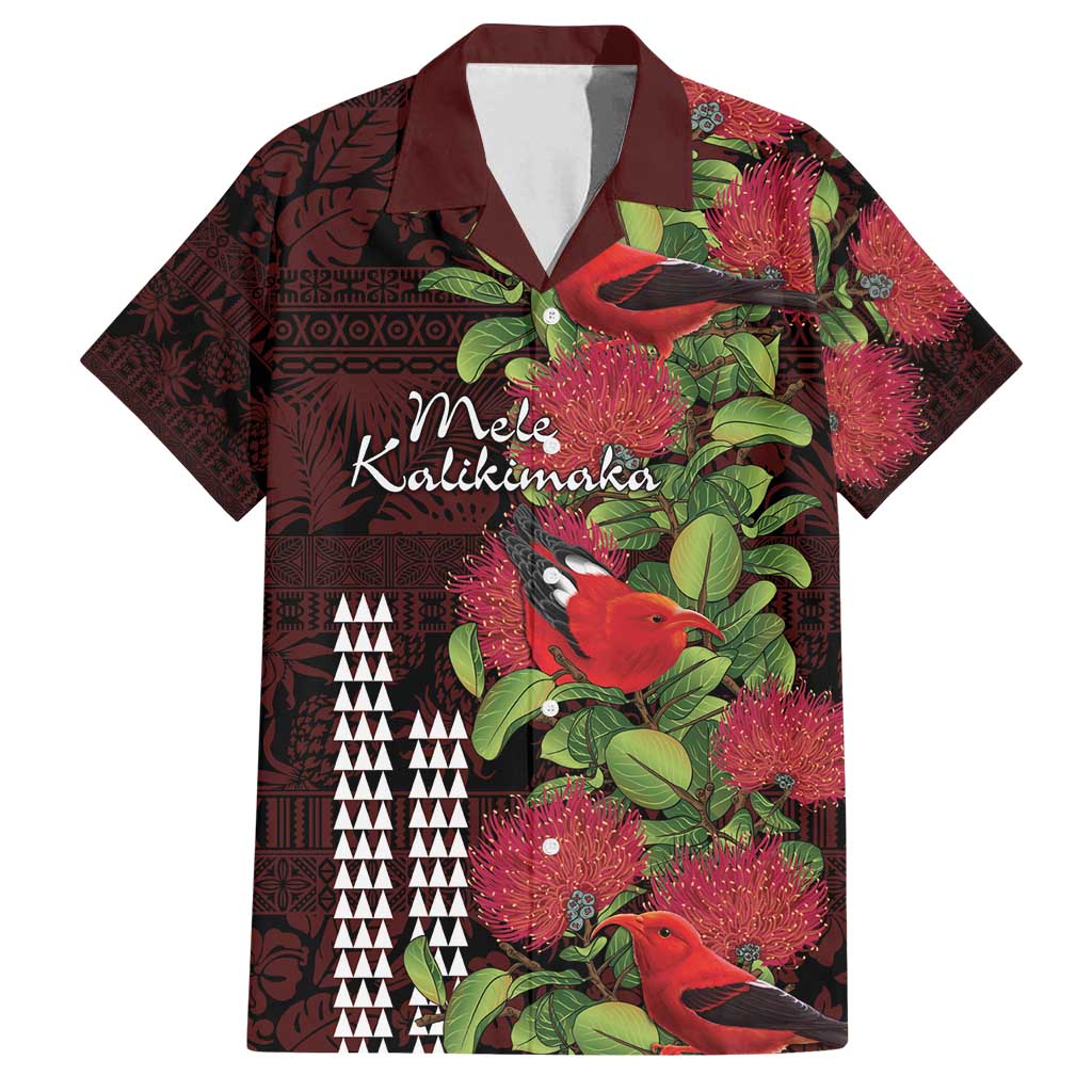 Hawaii Mele Kalikimaka Kakau Family Matching Off Shoulder Maxi Dress and Hawaiian Shirt I'iwi Bird on Ohia Lehua LT7 Dad's Shirt - Short Sleeve Black Red - Polynesian Pride