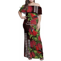 Hawaii Mele Kalikimaka Kakau Family Matching Off Shoulder Maxi Dress and Hawaiian Shirt I'iwi Bird on Ohia Lehua LT7 Mom's Dress Black Red - Polynesian Pride