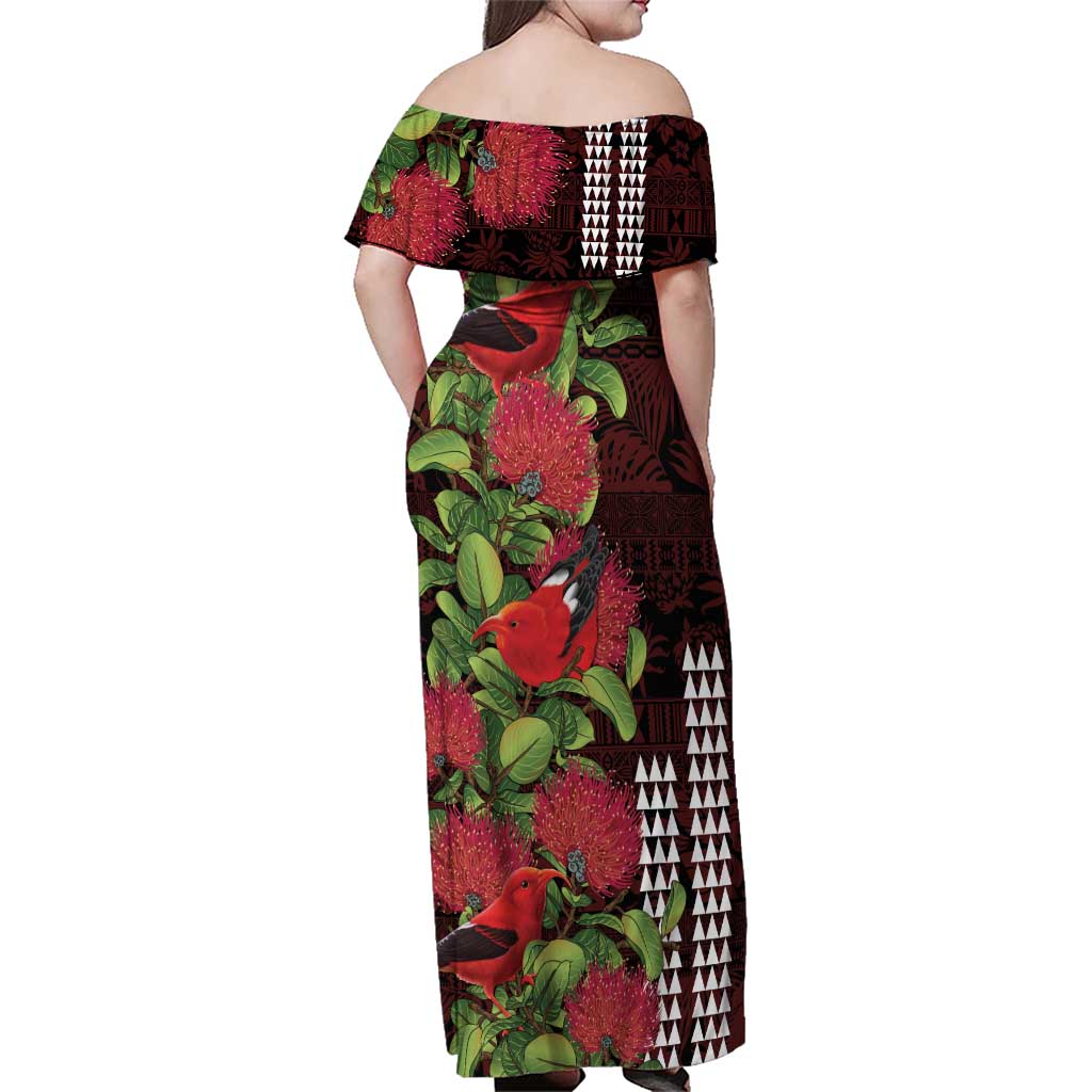 Hawaii Mele Kalikimaka Kakau Family Matching Off Shoulder Maxi Dress and Hawaiian Shirt I'iwi Bird on Ohia Lehua LT7 - Polynesian Pride