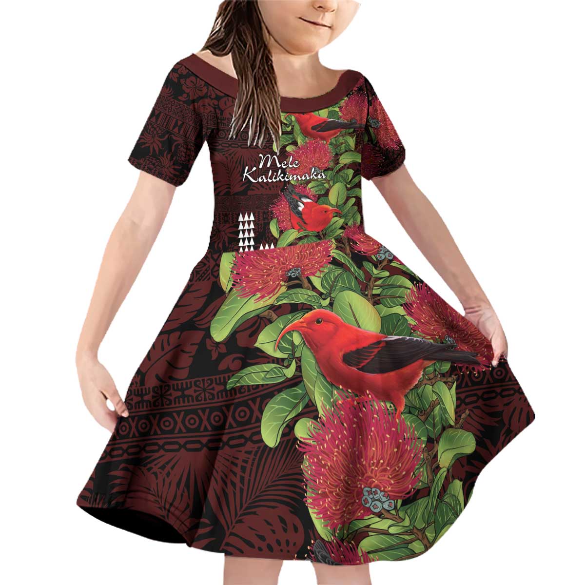 Hawaii Mele Kalikimaka Kakau Family Matching Off Shoulder Short Dress and Hawaiian Shirt I'iwi Bird on Ohia Lehua LT7 Daughter's Dress Black Red - Polynesian Pride