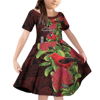 Hawaii Mele Kalikimaka Kakau Family Matching Off Shoulder Short Dress and Hawaiian Shirt I'iwi Bird on Ohia Lehua LT7 Daughter's Dress Black Red - Polynesian Pride