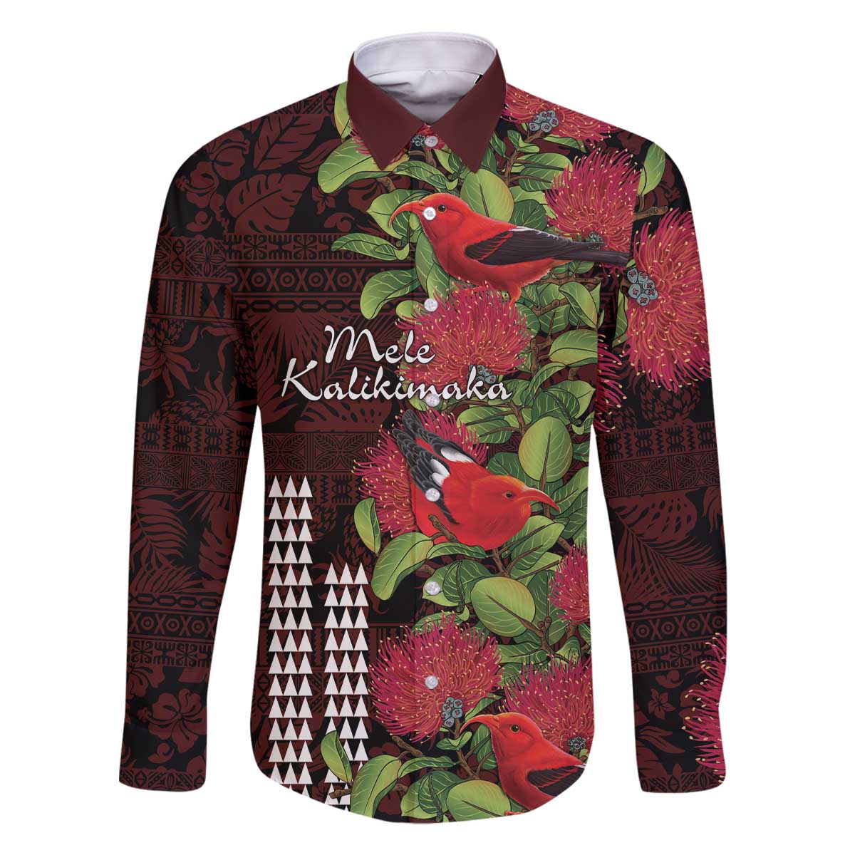Hawaii Mele Kalikimaka Kakau Family Matching Off Shoulder Short Dress and Hawaiian Shirt I'iwi Bird on Ohia Lehua LT7 Dad's Shirt - Long Sleeve Black Red - Polynesian Pride