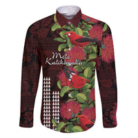 Hawaii Mele Kalikimaka Kakau Family Matching Off Shoulder Short Dress and Hawaiian Shirt I'iwi Bird on Ohia Lehua LT7 Dad's Shirt - Long Sleeve Black Red - Polynesian Pride