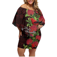 Hawaii Mele Kalikimaka Kakau Family Matching Off Shoulder Short Dress and Hawaiian Shirt I'iwi Bird on Ohia Lehua LT7 Mom's Dress Black Red - Polynesian Pride