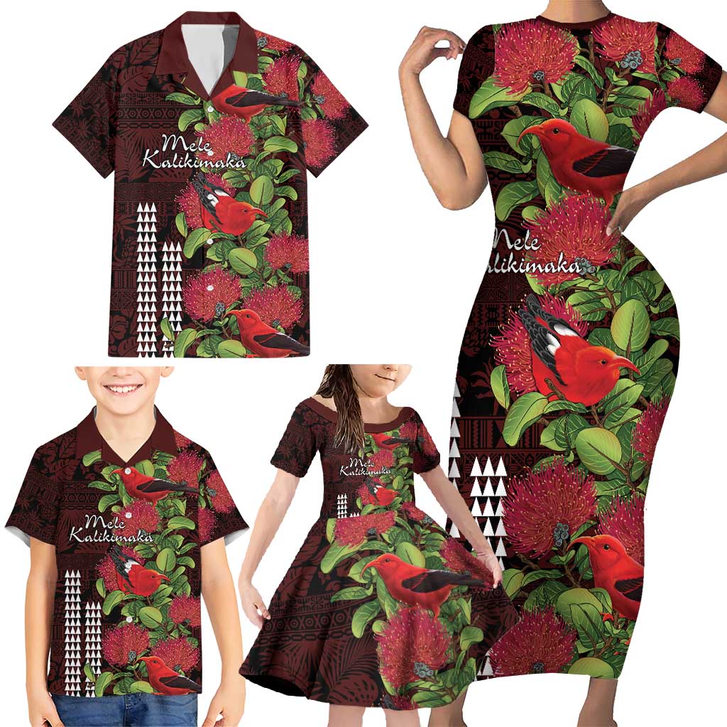 Hawaii Mele Kalikimaka Kakau Family Matching Short Sleeve Bodycon Dress and Hawaiian Shirt I'iwi Bird on Ohia Lehua LT7 - Polynesian Pride