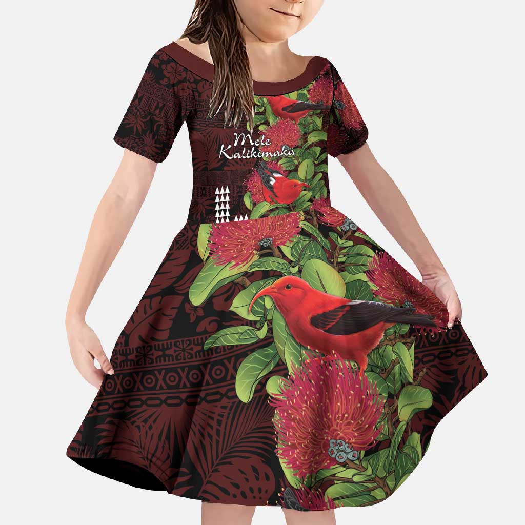 Hawaii Mele Kalikimaka Kakau Family Matching Summer Maxi Dress and Hawaiian Shirt I'iwi Bird on Ohia Lehua LT7 Daughter's Dress Black Red - Polynesian Pride