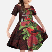 Hawaii Mele Kalikimaka Kakau Family Matching Summer Maxi Dress and Hawaiian Shirt I'iwi Bird on Ohia Lehua LT7 Daughter's Dress Black Red - Polynesian Pride