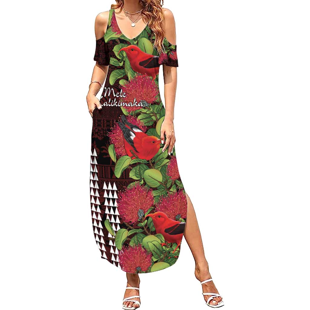 Hawaii Mele Kalikimaka Kakau Family Matching Summer Maxi Dress and Hawaiian Shirt I'iwi Bird on Ohia Lehua LT7 Mom's Dress Black Red - Polynesian Pride