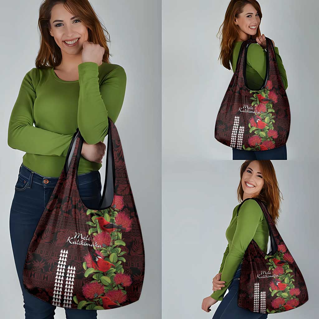 Hawaii Mele Kalikimaka Kakau Grocery Bag I'iwi Bird on Ohia Lehua