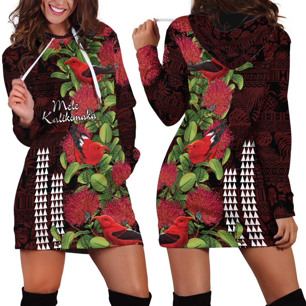 Hawaii Mele Kalikimaka Kakau Hoodie Dress I'iwi Bird on Ohia Lehua LT7 - Polynesian Pride