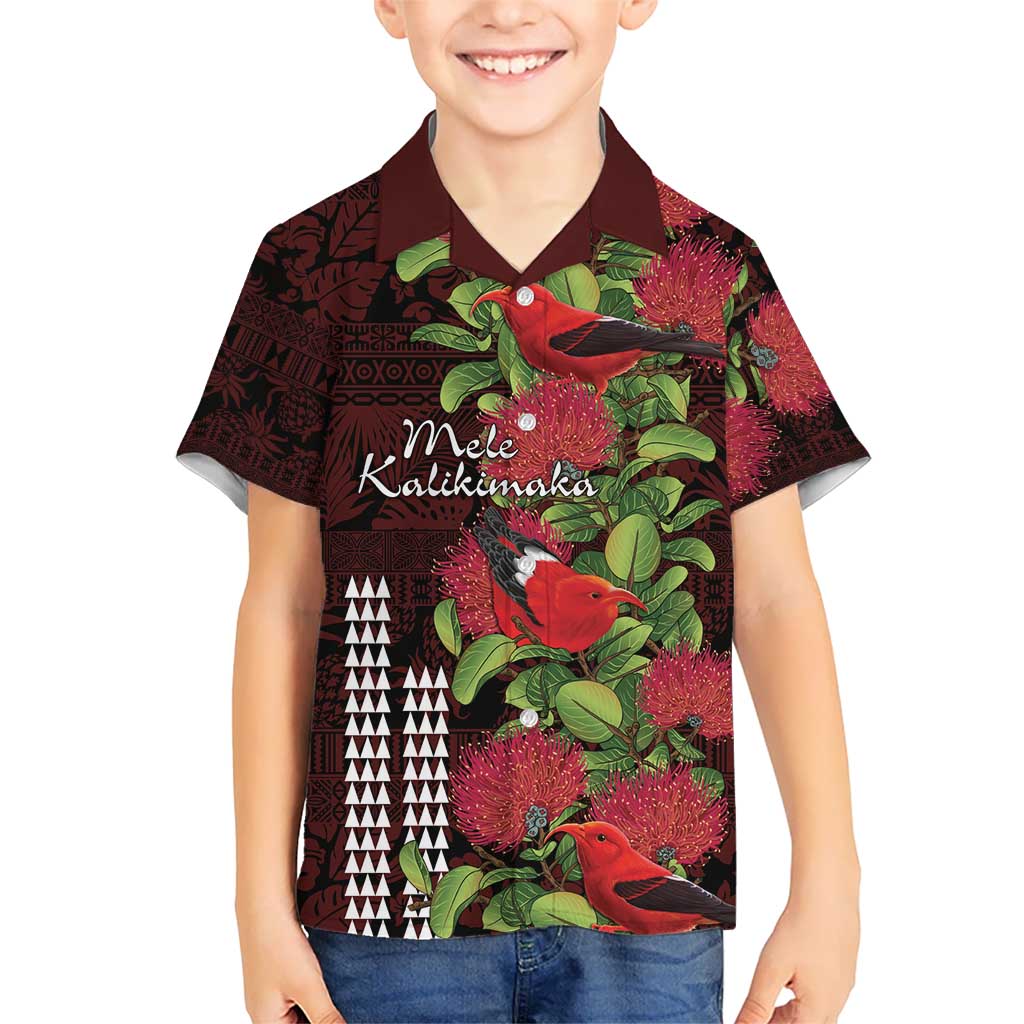 Hawaii Mele Kalikimaka Kakau Kid Hawaiian Shirt I'iwi Bird on Ohia Lehua LT7 Kid Black Red - Polynesian Pride
