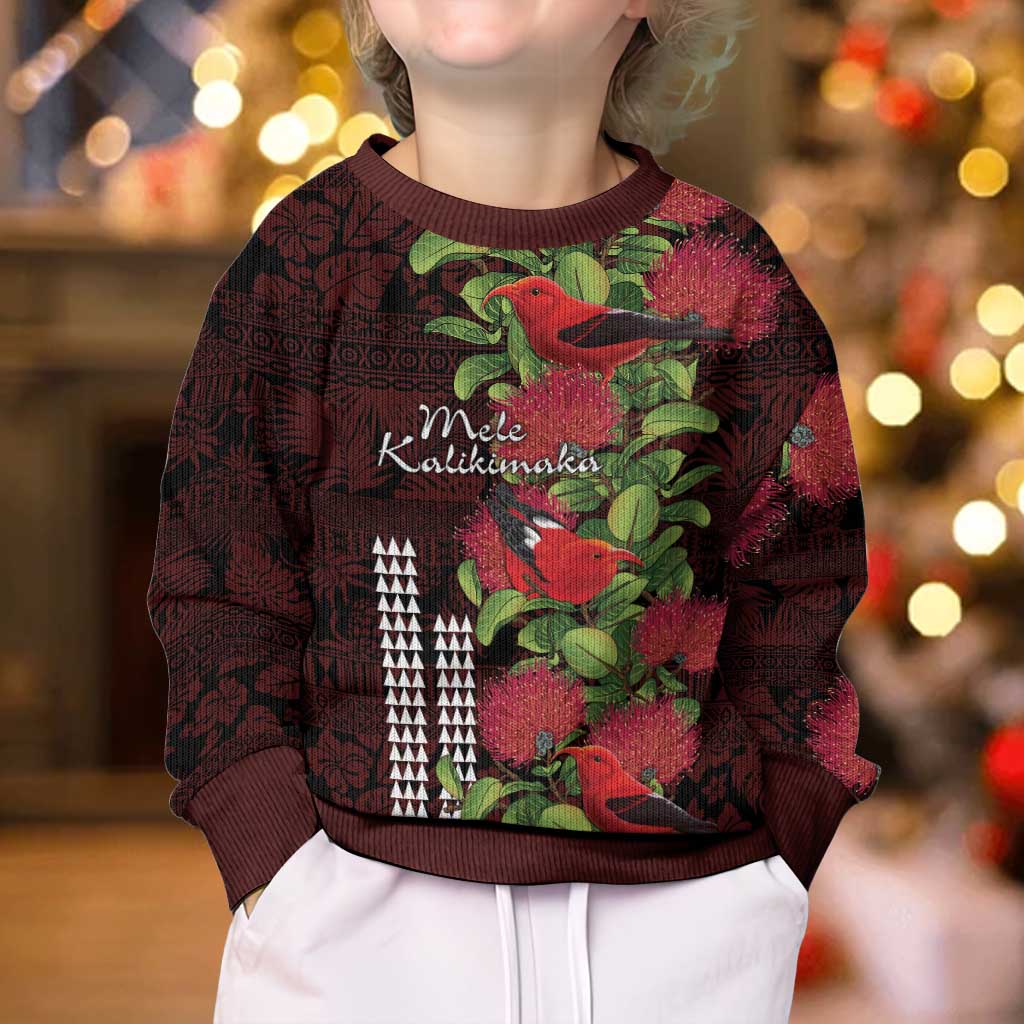 Hawaii Mele Kalikimaka Kakau Kid Ugly Christmas Sweater I'iwi Bird on Ohia Lehua