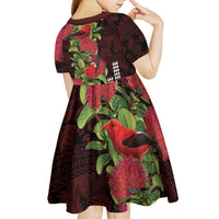 Hawaii Mele Kalikimaka Kakau Kid Short Sleeve Dress I'iwi Bird on Ohia Lehua