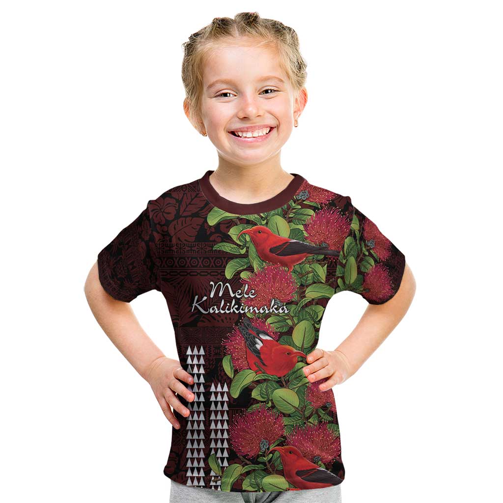 Hawaii Mele Kalikimaka Kakau Kid T Shirt I'iwi Bird on Ohia Lehua