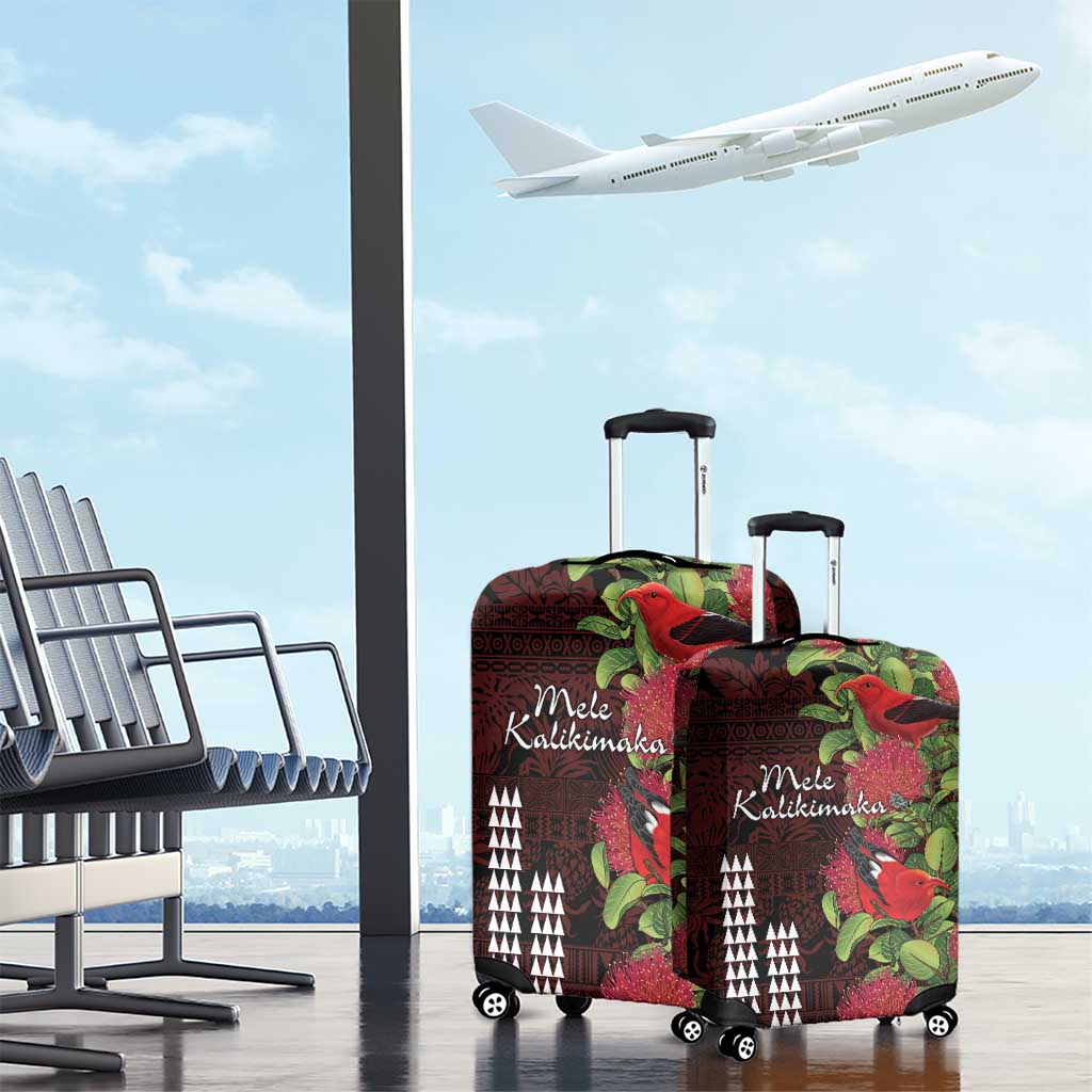 Hawaii Mele Kalikimaka Kakau Luggage Cover I'iwi Bird on Ohia Lehua