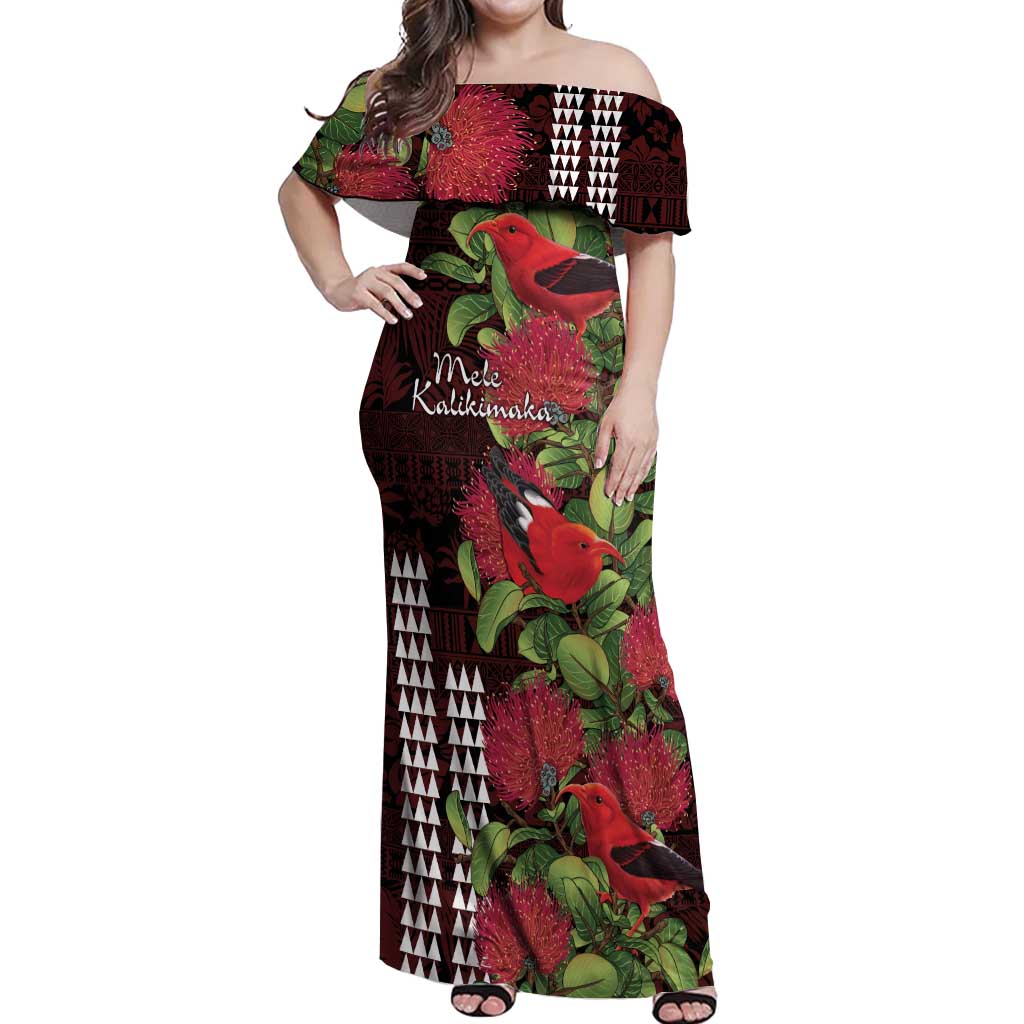 Hawaii Mele Kalikimaka Kakau Off Shoulder Maxi Dress I'iwi Bird on Ohia Lehua LT7 Women Black Red - Polynesian Pride