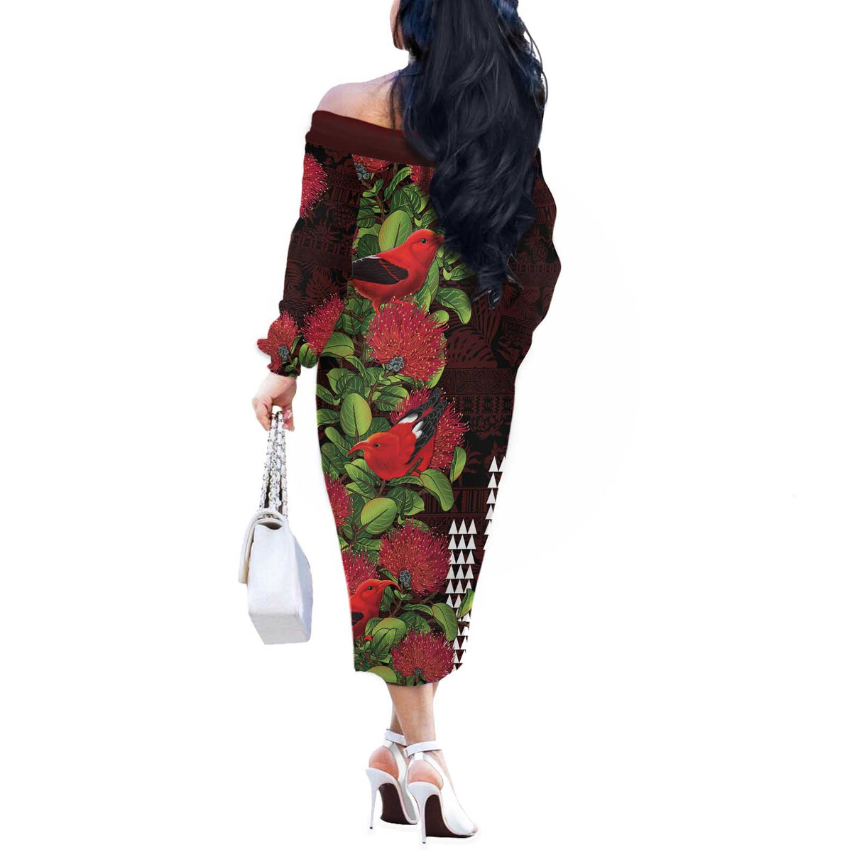 Hawaii Mele Kalikimaka Kakau Off The Shoulder Long Sleeve Dress I'iwi Bird on Ohia Lehua