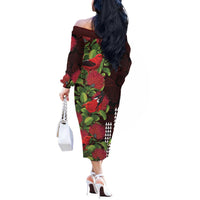 Hawaii Mele Kalikimaka Kakau Off The Shoulder Long Sleeve Dress I'iwi Bird on Ohia Lehua