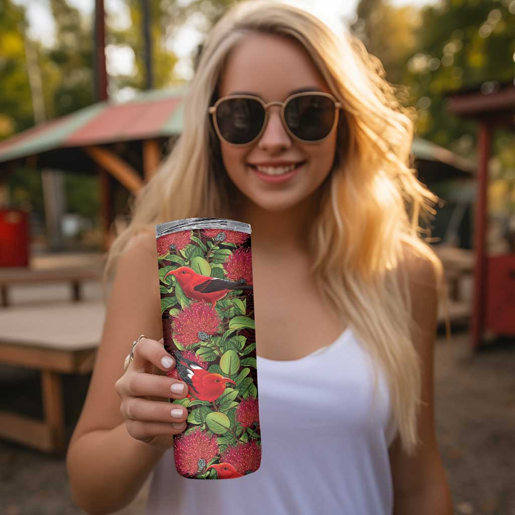 Hawaii Mele Kalikimaka Kakau Skinny Tumbler I'iwi Bird on Ohia Lehua LT7 - Polynesian Pride