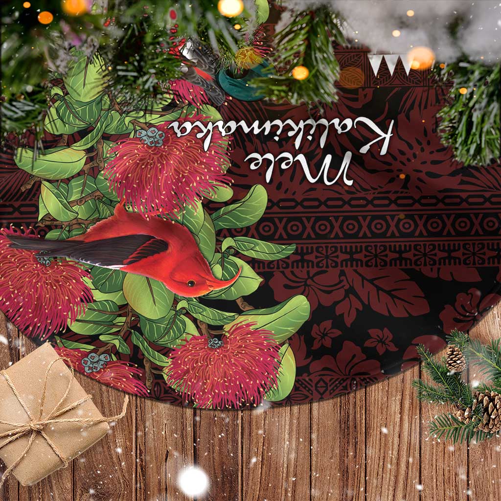 Hawaii Mele Kalikimaka Kakau Tree Skirt I'iwi Bird on Ohia Lehua LT7 - Polynesian Pride