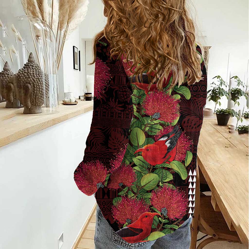 Hawaii Mele Kalikimaka Kakau Women Casual Shirt I'iwi Bird on Ohia Lehua LT7 - Polynesian Pride