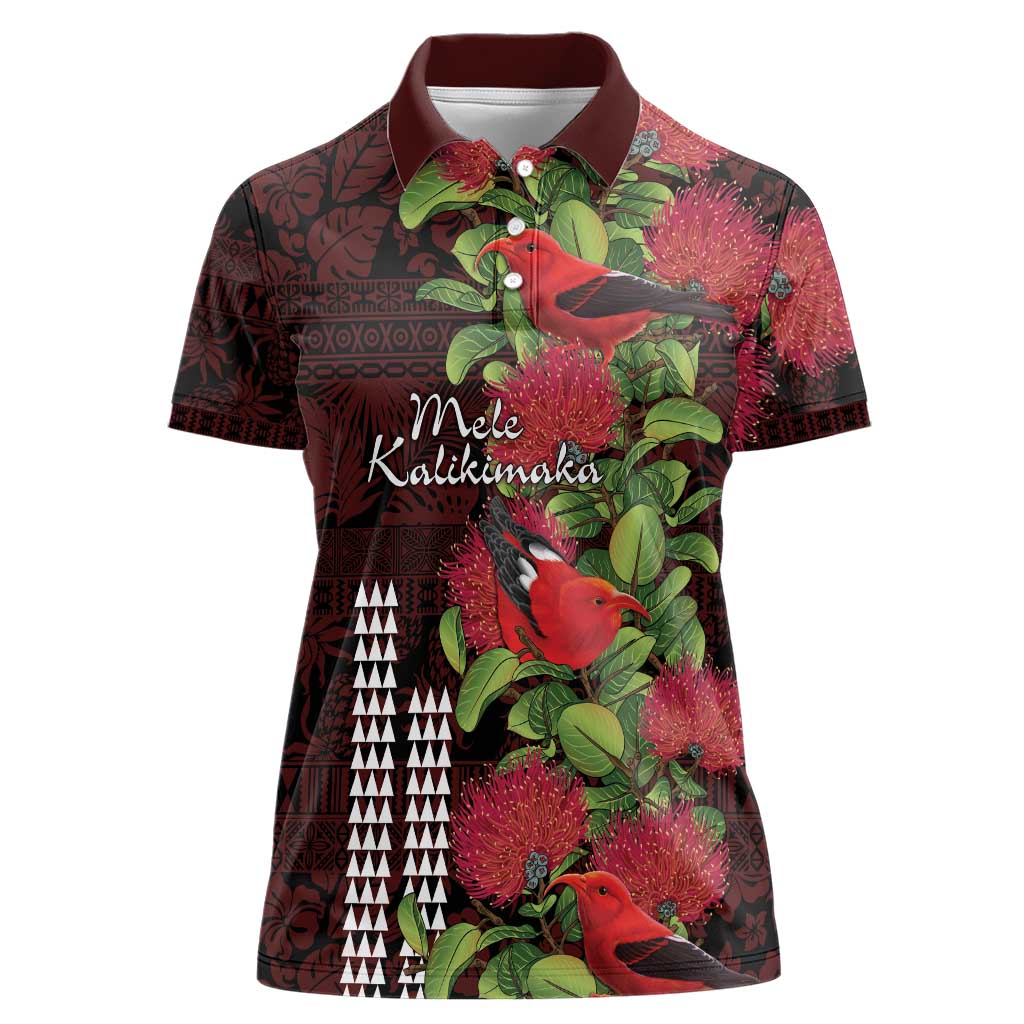 Hawaii Mele Kalikimaka Kakau Women Polo Shirt I'iwi Bird on Ohia Lehua LT7 Female Black Red - Polynesian Pride