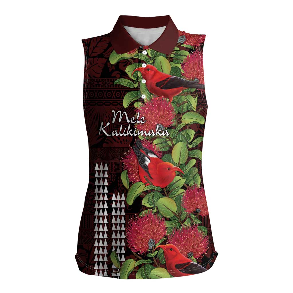 Hawaii Mele Kalikimaka Kakau Women Sleeveless Polo Shirt I'iwi Bird on Ohia Lehua