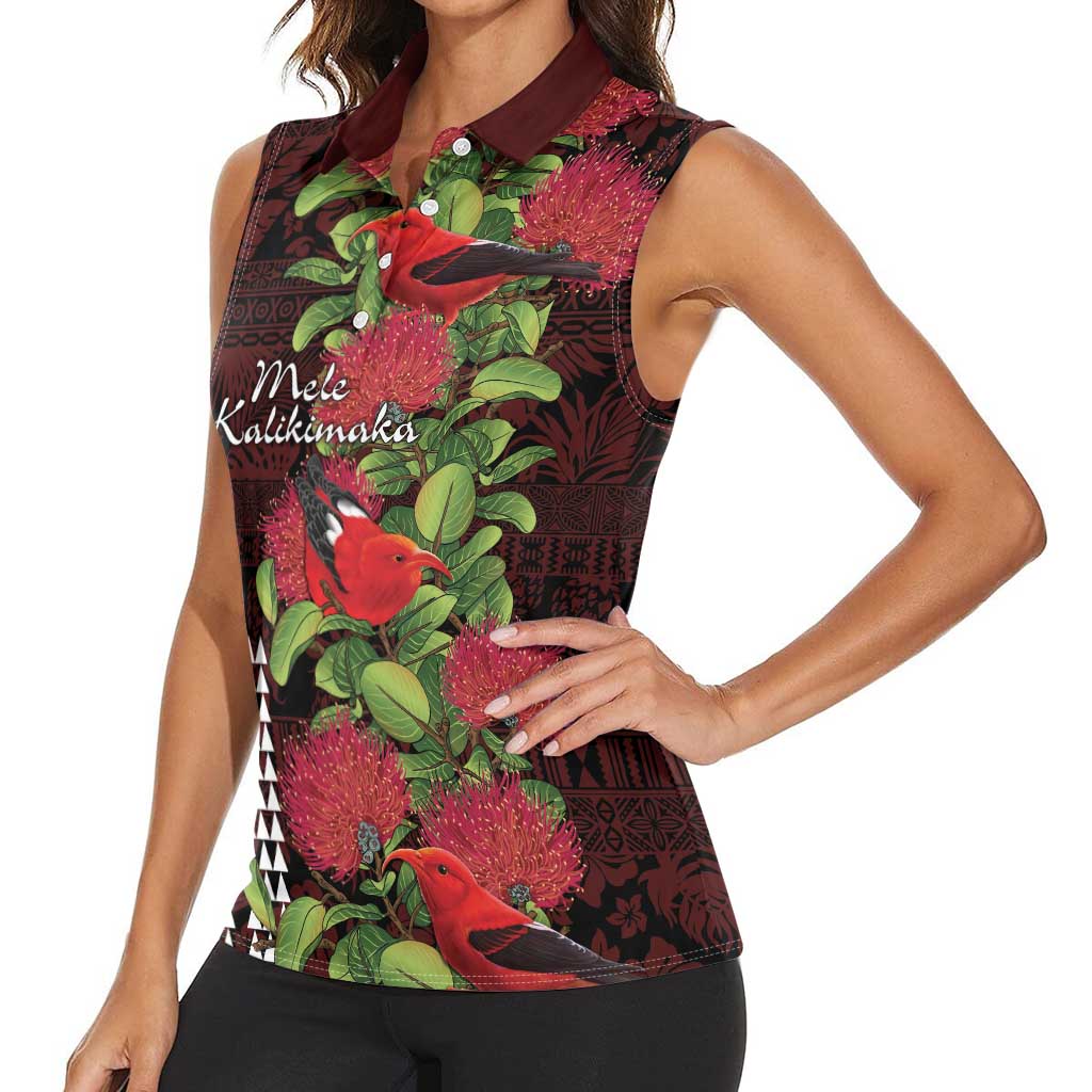 Hawaii Mele Kalikimaka Kakau Women Sleeveless Polo Shirt I'iwi Bird on Ohia Lehua