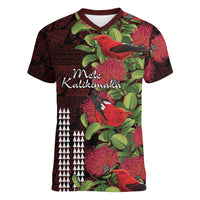 Hawaii Mele Kalikimaka Kakau Women V-Neck T-Shirt I'iwi Bird on Ohia Lehua