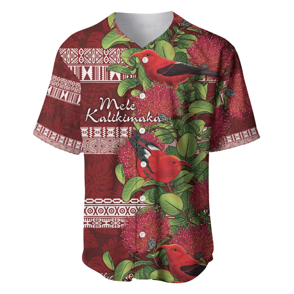 Hawaii Christmas Mele Kalikimaka Baseball Jersey I'iwi Bird on Ohia Lehua LT7 Red White - Polynesian Pride