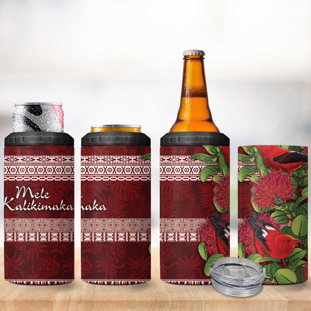Hawaii Christmas Mele Kalikimaka 4 in 1 Can Cooler Tumbler I'iwi Bird on Ohia Lehua