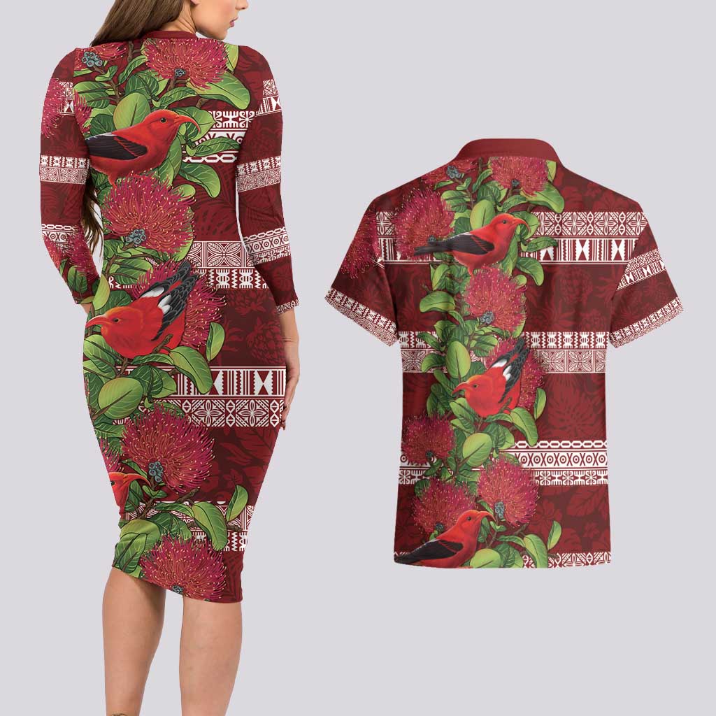Hawaii Christmas Mele Kalikimaka Couples Matching Long Sleeve Bodycon Dress and Hawaiian Shirt I'iwi Bird on Ohia Lehua LT7 - Polynesian Pride