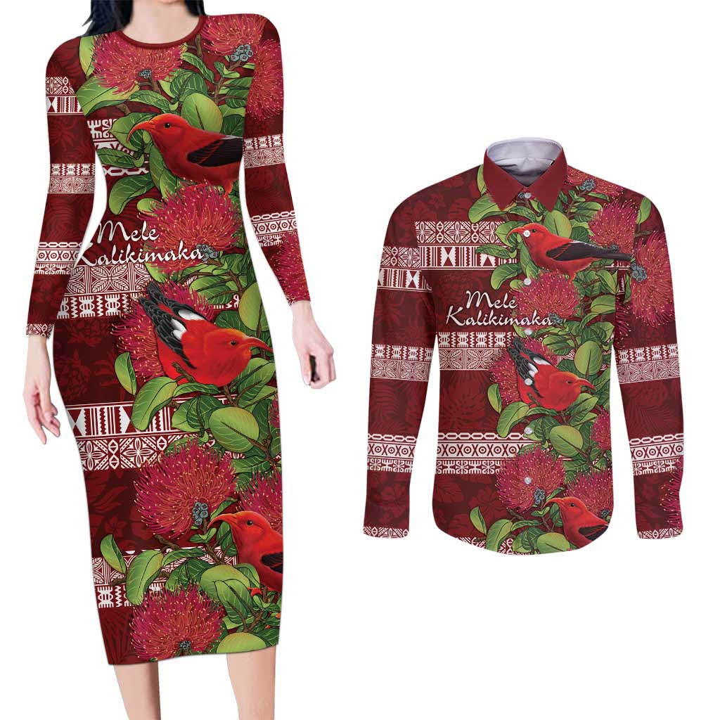 Hawaii Christmas Mele Kalikimaka Couples Matching Long Sleeve Bodycon Dress and Long Sleeve Button Shirt I'iwi Bird on Ohia Lehua LT7 Red White - Polynesian Pride