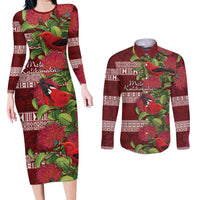 Hawaii Christmas Mele Kalikimaka Couples Matching Long Sleeve Bodycon Dress and Long Sleeve Button Shirt I'iwi Bird on Ohia Lehua LT7 Red White - Polynesian Pride