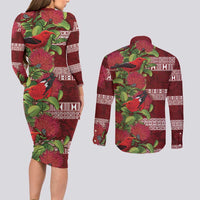 Hawaii Christmas Mele Kalikimaka Couples Matching Long Sleeve Bodycon Dress and Long Sleeve Button Shirt I'iwi Bird on Ohia Lehua LT7 - Polynesian Pride