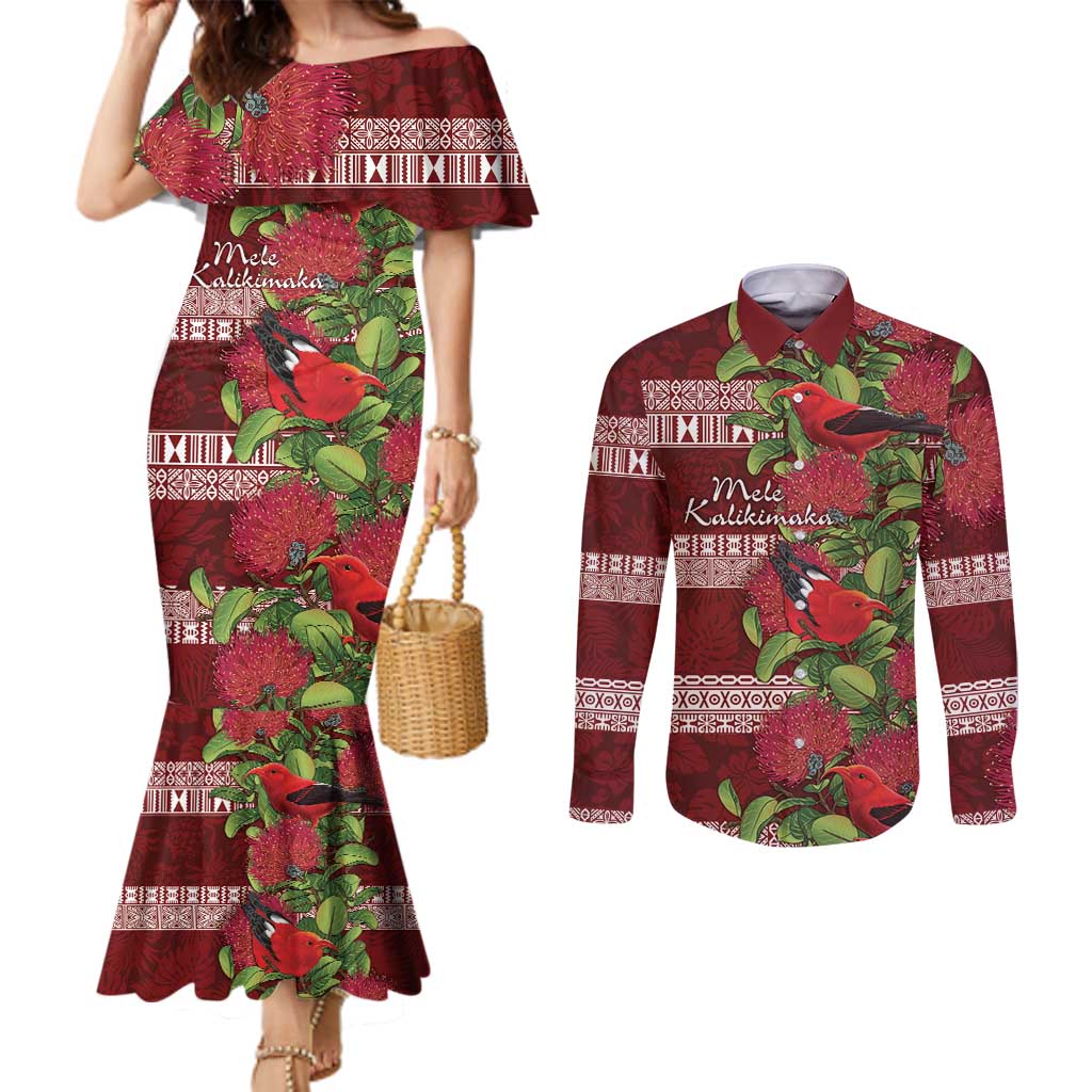 Hawaii Christmas Mele Kalikimaka Couples Matching Mermaid Dress and Long Sleeve Button Shirt I'iwi Bird on Ohia Lehua LT7 Red White - Polynesian Pride