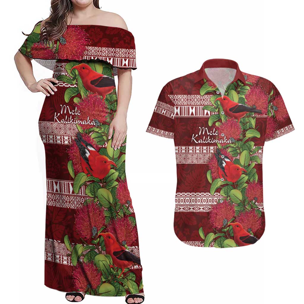 Hawaii Christmas Mele Kalikimaka Couples Matching Off Shoulder Maxi Dress and Hawaiian Shirt I'iwi Bird on Ohia Lehua LT7 Red White - Polynesian Pride