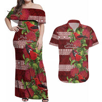 Hawaii Christmas Mele Kalikimaka Couples Matching Off Shoulder Maxi Dress and Hawaiian Shirt I'iwi Bird on Ohia Lehua LT7 Red White - Polynesian Pride