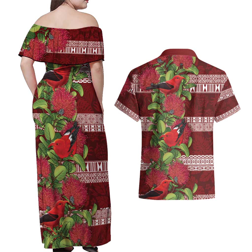 Hawaii Christmas Mele Kalikimaka Couples Matching Off Shoulder Maxi Dress and Hawaiian Shirt I'iwi Bird on Ohia Lehua LT7 - Polynesian Pride