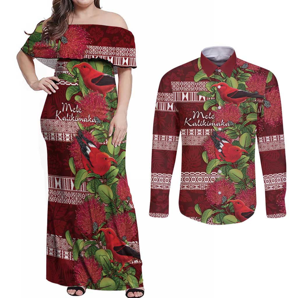 Hawaii Christmas Mele Kalikimaka Couples Matching Off Shoulder Maxi Dress and Long Sleeve Button Shirt I'iwi Bird on Ohia Lehua LT7 Red White - Polynesian Pride