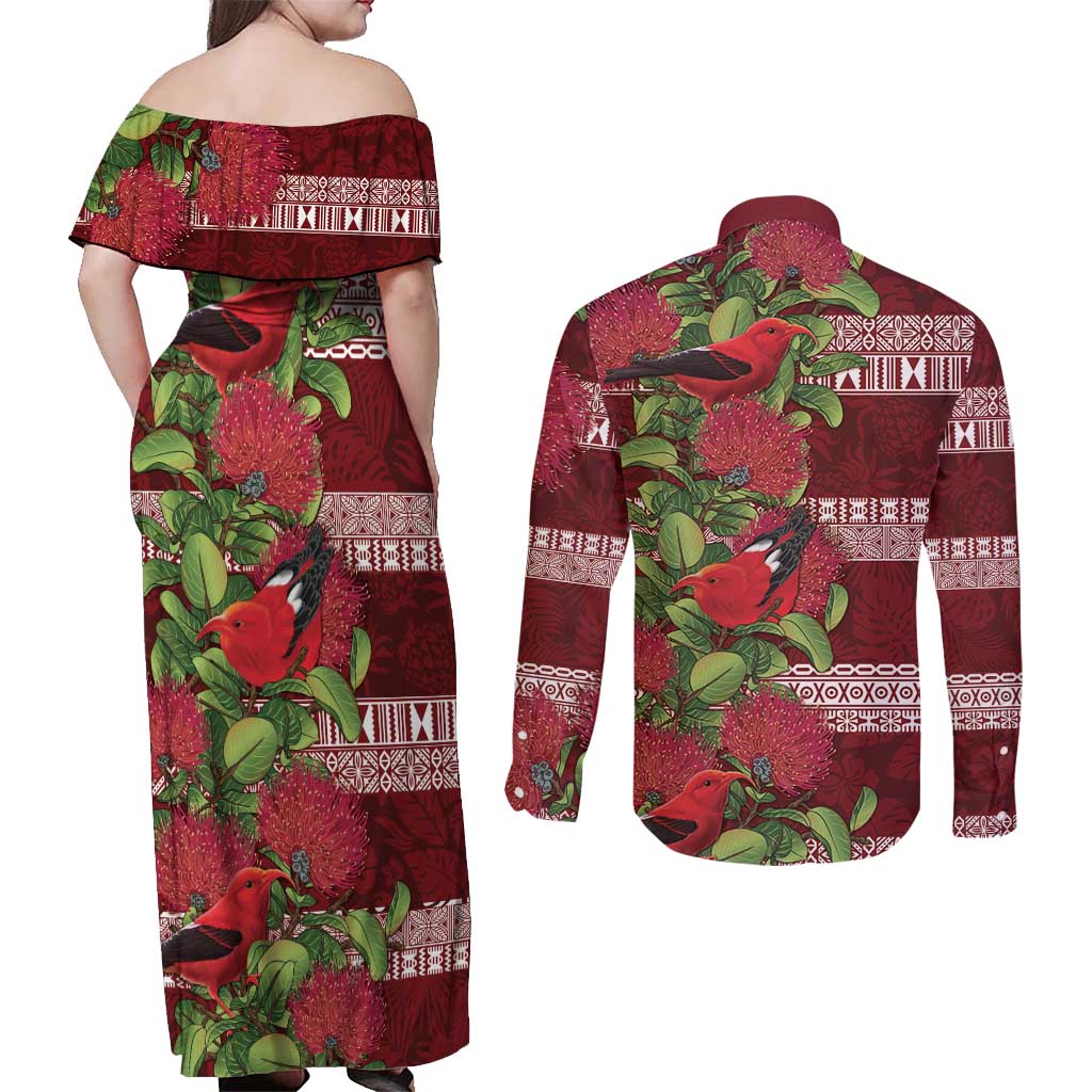 Hawaii Christmas Mele Kalikimaka Couples Matching Off Shoulder Maxi Dress and Long Sleeve Button Shirt I'iwi Bird on Ohia Lehua LT7 - Polynesian Pride