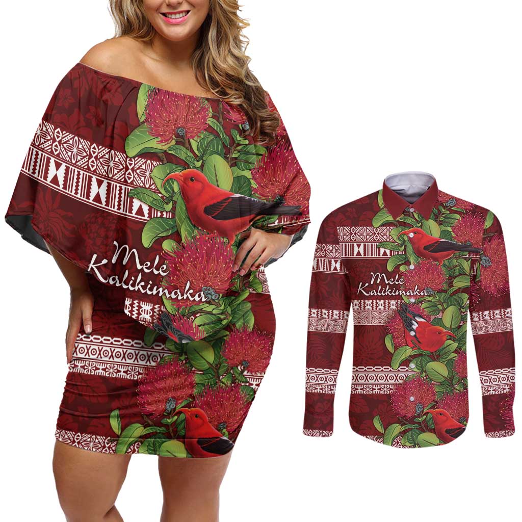 Hawaii Christmas Mele Kalikimaka Couples Matching Off Shoulder Short Dress and Long Sleeve Button Shirt I'iwi Bird on Ohia Lehua LT7 Red White - Polynesian Pride