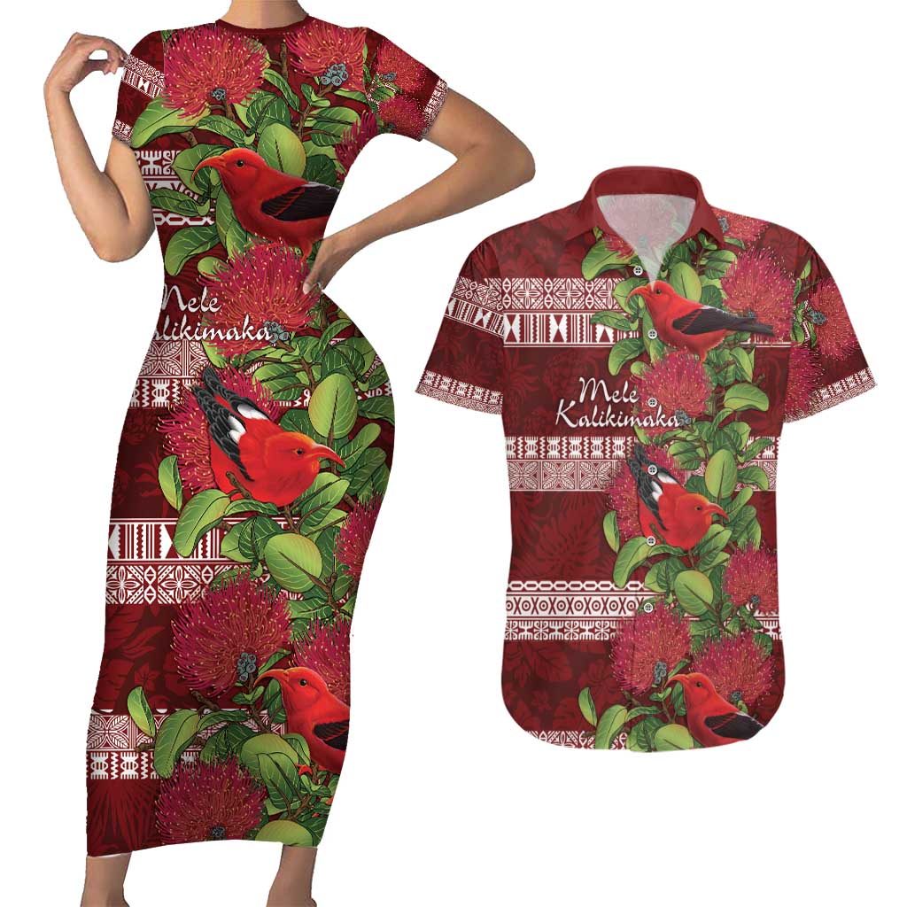 Hawaii Christmas Mele Kalikimaka Couples Matching Short Sleeve Bodycon Dress and Hawaiian Shirt I'iwi Bird on Ohia Lehua LT7 Red White - Polynesian Pride