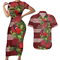 Hawaii Christmas Mele Kalikimaka Couples Matching Short Sleeve Bodycon Dress and Hawaiian Shirt I'iwi Bird on Ohia Lehua LT7 Red White - Polynesian Pride